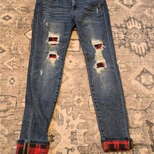 Judy Blue Distressed Plaid Cuff Jeans